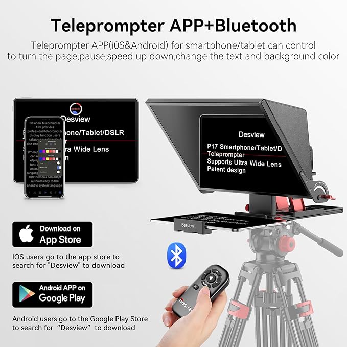 Desview P17 Teleprompter，17 inch Aluminum Alloy Liftable Teleprompter, High Display Glass, Compatible with iPad Tablet Phone DSLR Camera, No Assembly, Carry Case Included, Great for Video Making