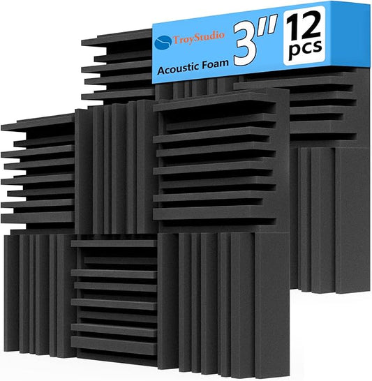TroyStudio Thick Acoustic Foam Panels, 12 X 12 X 3 Inch 12 Pcs Broadband Sound Absorbing Foam, Dense Soundproof Padding Tile, Recording Studio Foam Absorber, Groove Decorative 3D Wall Ceiling Panel
