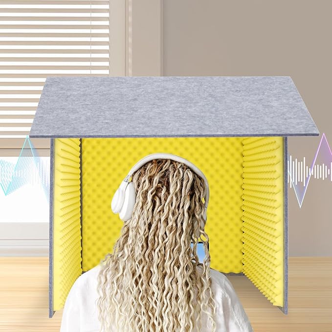 Desktop Soundproof Cover, Portable Vocal Recording Booth Isolation Booth Small Music Recording Studio Vocal Sound Absorbing Shield Sound Proof Foam Panels for Offices,Home,Recording Studios (Yellow)