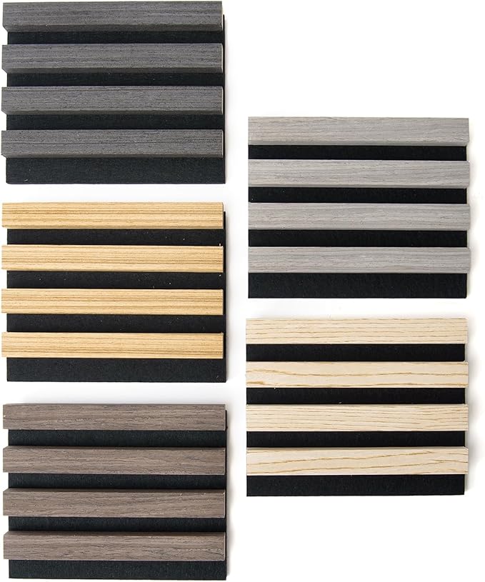 Art3d 5-Pack Sample Acoustic Wood Panels for Wall, Soundproof Wood Slat Panel for Wall and Ceiling - 5 Colors, 6" x 4.7"