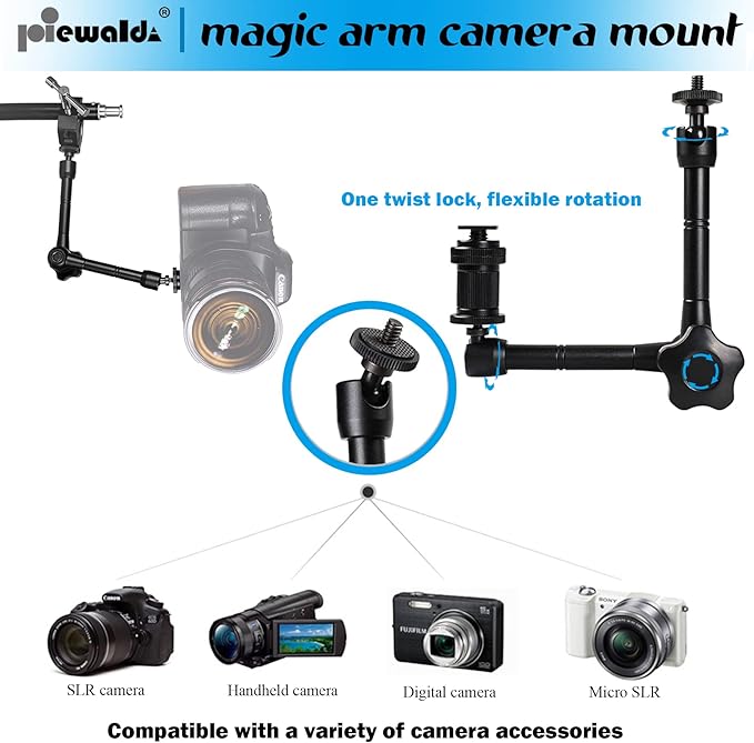 Magic arm Camera Mount ，articulating arm- 11 Inch Metal Adjustable Friction Articulated arm with Super Clamp/Phone Clip, for Various Action Camera/DSLR/LCD Monitor/LED Lights/Cell Phone