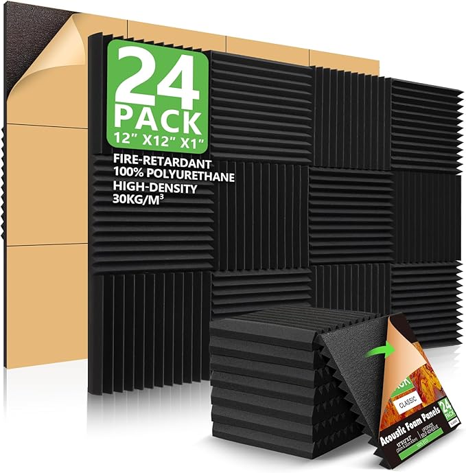 24 Pack Acoustic Panels, 1" X 12" X 12" Acoustic Foam Panels, Sound Proof Foam Panels, Self-Adhesive Soundproof Wall Panels ,Fire-Proofed Soundproofing Wedges,Acoustic Treatment Foams for Home-Black
