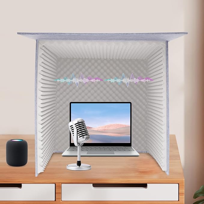 Desktop Soundproof Cover, Portable Vocal Recording Booth Isolation Booth Small Music Recording Studio Vocal Sound Absorbing Shield Sound Proof Foam Panels for Offices,Home,Recording Studios (Gray)