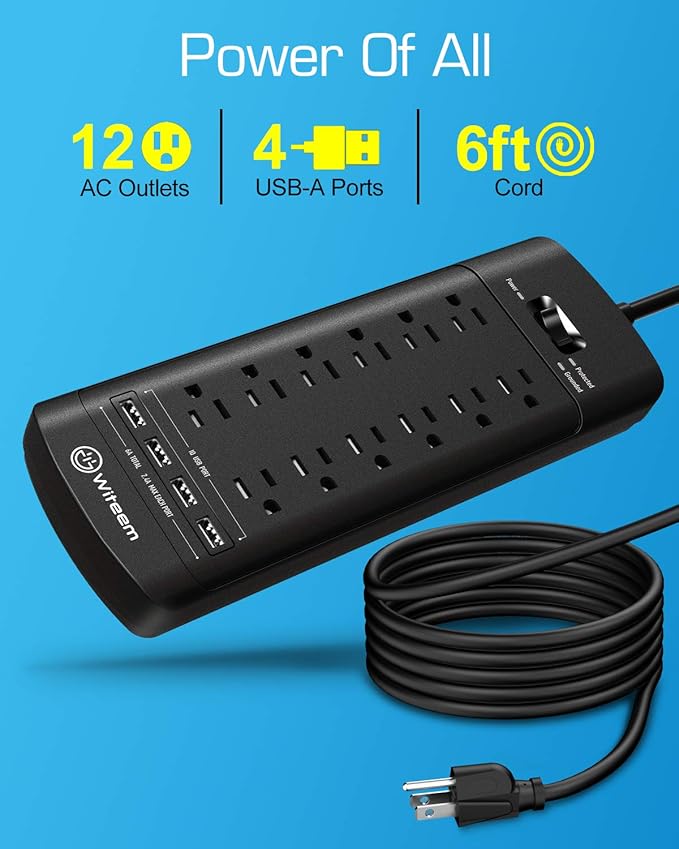 Surge Protector Power Strip - 12 Outlets,4 USB 6A Ports, 6Ft Extension Cord, 1875W/15A, 4360Joules, Overload Protection - Ideal for Home & Office Use (Black-USB6A)