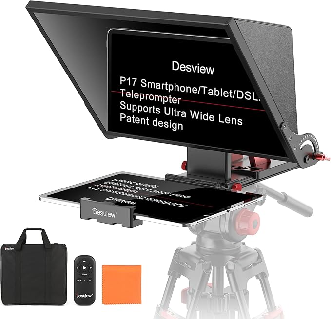 Desview P17 Teleprompter，17 inch Aluminum Alloy Liftable Teleprompter, High Display Glass, Compatible with iPad Tablet Phone DSLR Camera, No Assembly, Carry Case Included, Great for Video Making