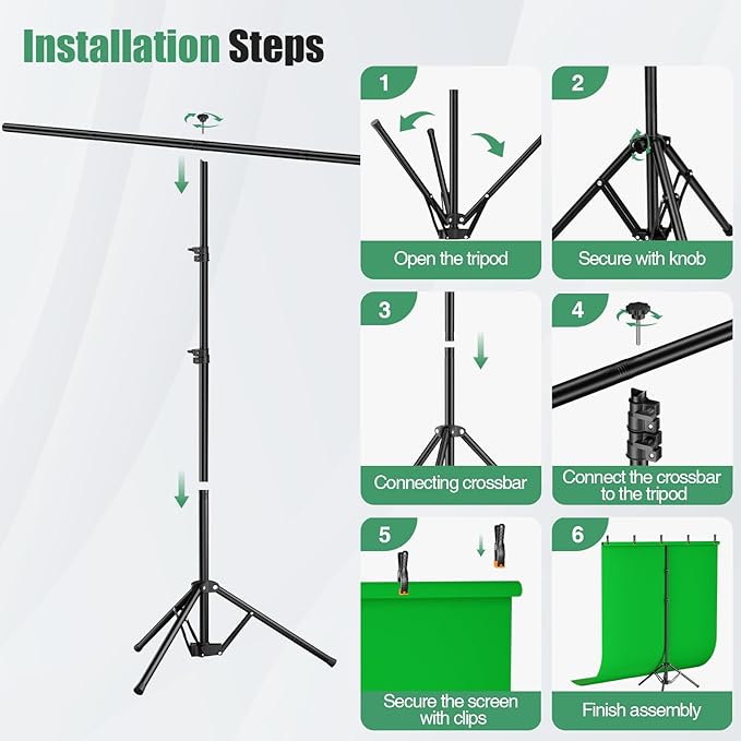 Green Screen Backdrop Kit, 5×7ft Portable Greenscreen Background with Adjustable T-Shaped Stand, 5 Clamps, Carrying Bag for Parties, Streaming, Photography, Zoom, Gaming, Video Studio