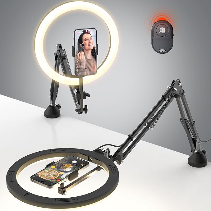 Upgrade Ring Light Overhead Phone Mount, 12”Circle LED Desk Ring Light with Clamp for Video Recording,Flexible Articulating Phone Arm Stand Compatible with iPhone,Live Streaming YouTube Tiktok