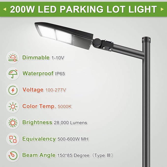 200W LED Parking Lot Pole Lights, Dimmable LED Shoebox Lights, 20KV Surge Protector Built-in 27000LM 600W Equiv. Outdoor Commercial Area Road Lamps, DLC UL Approved 5000K Daylight 100-277VAC