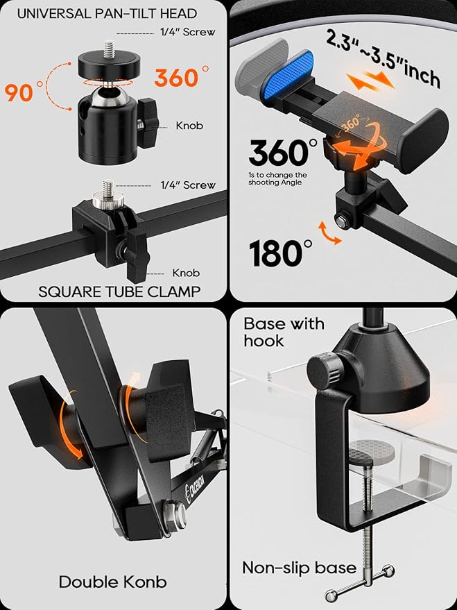 Upgrade Ring Light Overhead Phone Mount, 12”Circle LED Desk Ring Light with Clamp for Video Recording,Flexible Articulating Phone Arm Stand Compatible with iPhone,Live Streaming YouTube Tiktok