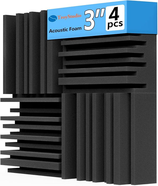 TroyStudio Thick Acoustic Foam Panels, 12 X 12 X 3 Inch 4 Pcs Broadband Sound Absorbing Foams, Dense Soundproof Padding Tile, Recording Studio Foam Absorber, Groove Decorative 3D Wall Ceiling Panel