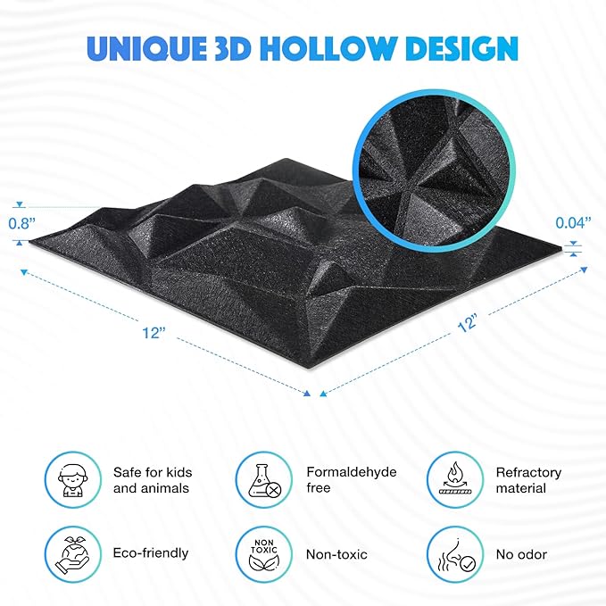 Acoustic 3D Wall Panels,24 Pack Sound Proof Felt Panels for Interior Wall Décor, Hollow Sound Absorbing Panel for Studio, Living Room, Home, Hotel, 12''x12'' Cover 24 sq ft (Black, 24 Pack)