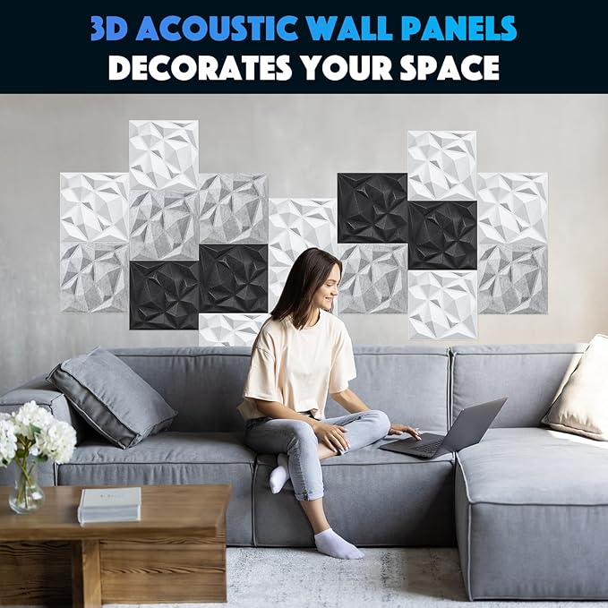 Acoustic 3D Wall Panels, 12 Pack Square Sound Proof Panels for Interior Wall Décor, Hollow Sound Absorbing Panel for Studio, Living Room, Home, Hotel, 12''x12'' Cover 12 sq ft, Thin style, White