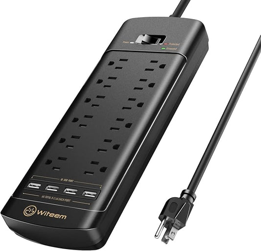 Surge Protector Power Strip - 12 Outlets,4 USB 6A Ports, 6Ft Extension Cord, 1875W/15A, 4360Joules, Overload Protection - Ideal for Home & Office Use (Black-USB6A)