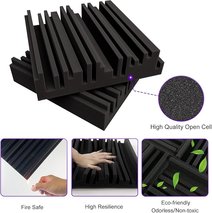 TroyStudio Self-adhesive Acoustic Foam Panels, 12 X 12 X 2 Inches 18 Pcs Broadband Sound Absorbing Foam, Dense Soundproof Padding Tile, Recording Studio Foam Absorber, Groove Decorative Wall Panel