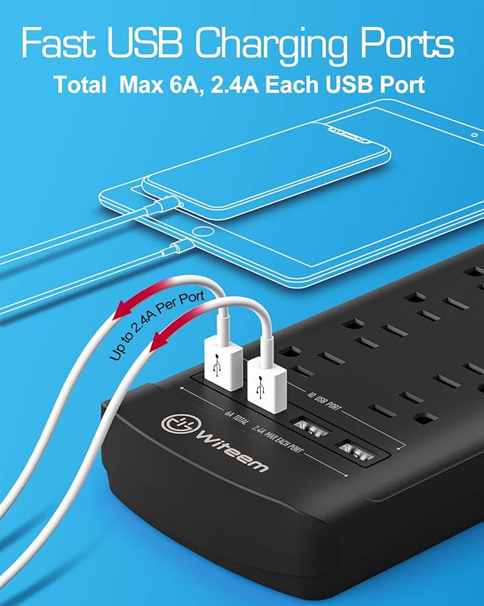Surge Protector Power Strip - 12 Outlets,4 USB 6A Ports, 6Ft Extension Cord, 1875W/15A, 4360Joules, Overload Protection - Ideal for Home & Office Use (Black-USB6A)