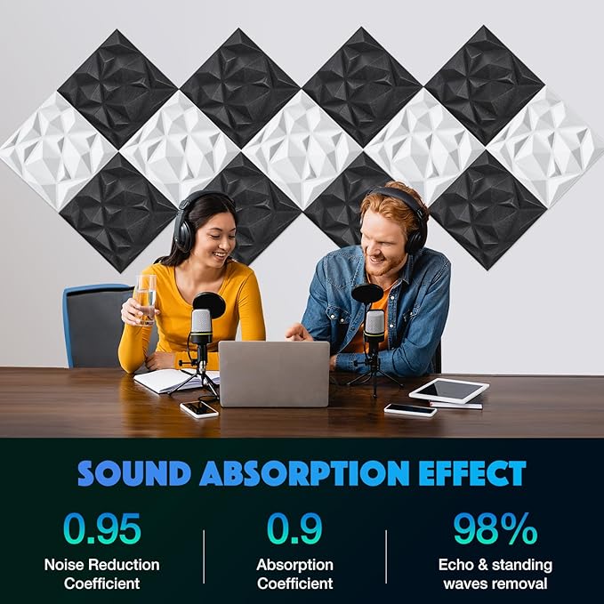 Acoustic 3D Wall Panels,12Pack Sound Proof Felt Panels for Interior Wall Décor, Hollow Sound Absorbing Panel for Studio, Living Room, Home, Hotel, 12''x12'' Cover 24 sq ft (Black, 12 Pack)