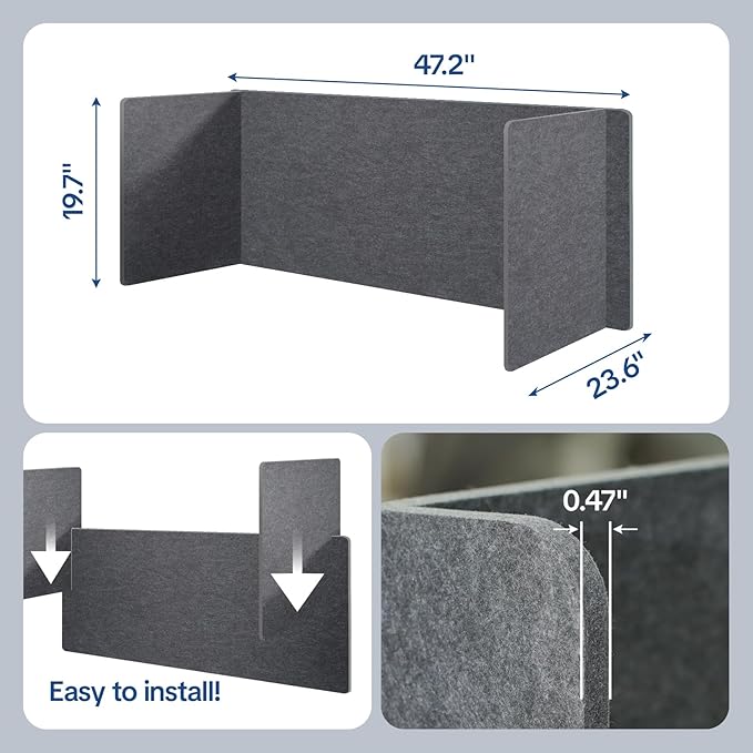 Desk Divider Privacy Screen 3 Panel Sound Absorbing - 47.2”x 23.6”x 19.7” Freestanding Acoustic Partitions for Office, Noise Reducing Panels for School, Home, Library,Dark Grey