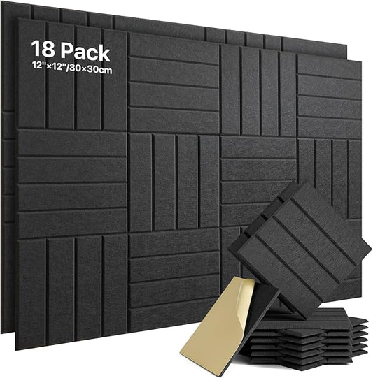 18 Pack Sound Proof Foam Panels for Walls, Self-Adhesive Acoustic Panels Sound Absorbing, 12" X 12" X 0.4" High Density Soundproof Wall Panels Tiles for Door, Ceiling, Home Office