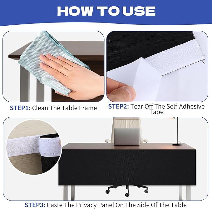Under Desk Privacy Panel 62 x 15 Inch Self-Adhesive Modesty Panel Table Skirts Privacy Divider for Office Desk Home Studio or Standing Workstation, Easy to Assemble, Black (1-Pack)
