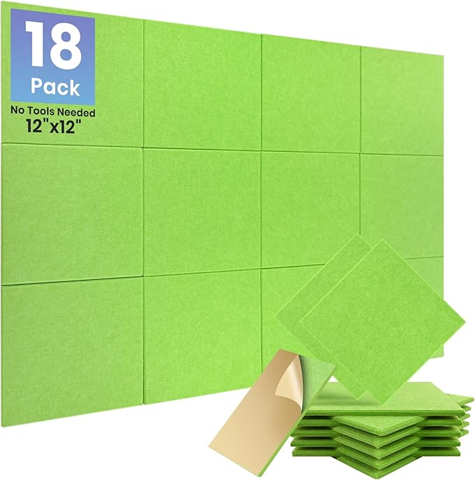 Focusound 18 Pack Sound Proof Panels for Walls, Self-Adhesive Acoustic Panels Sound Absorbing, 12" X 12" X 0.4" High Density Green Square Soundproof Wall Panels