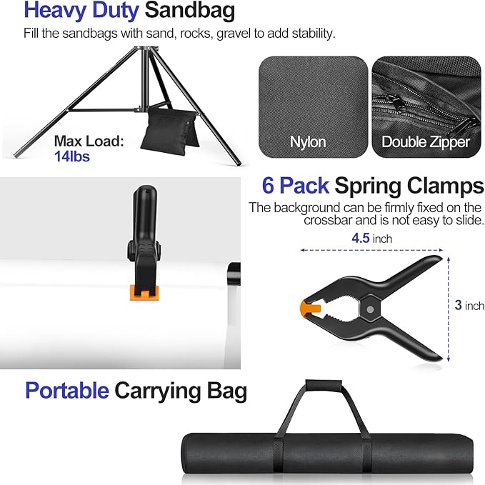 EMART 10x7.9FT Backdrop Stand, Photo Video Studio Adjustable&Lockable Heavy Duty Background Support System Kit with 6 Backdrop Clamps, 2 Sandbag and Carry Bag for Photography, Parties, Wedding, Video