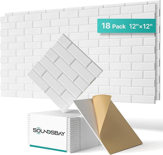 Soundsbay Acoustic Panels, 18 Pack Sound Proof Foam Panels for Wall, High Density Soundproof Wall Panels Brick Wall Panels for Office,Reccording Studio, Ceiling 12" X 12" X 0.4" White