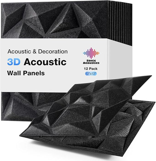 Acoustic 3D Wall Panels,12Pack Sound Proof Felt Panels for Interior Wall Décor, Hollow Sound Absorbing Panel for Studio, Living Room, Home, Hotel, 12''x12'' Cover 24 sq ft (Black, 12 Pack)