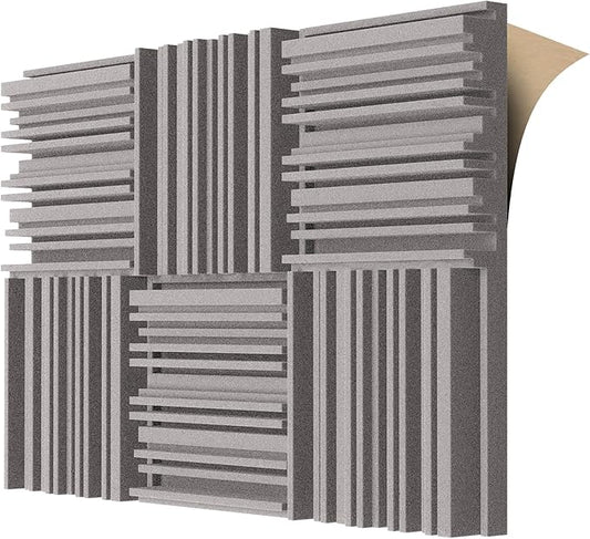 TroyStudio Self-adhesive Acoustic Foam Panels, 12 X 12 X 2 Inches 6 Pcs Broadband Sound Absorbing Foam, Dense Soundproof Padding Tile, Recording Studio Foam Absorber, Groove Decorative Wall Panel