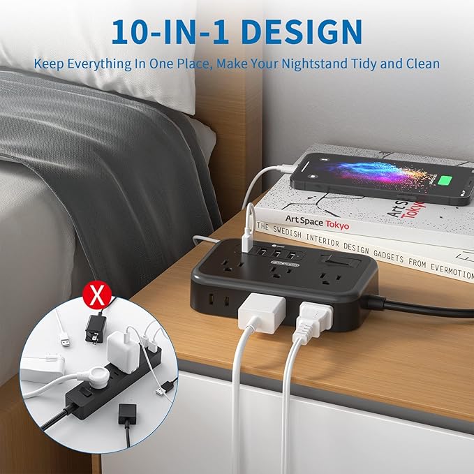 2 Pack Power Strip with 6 Outlets(2 Side) and 4 USB, NTONPOWER Flat Plug Extension Cord 5 Ft, Overload Protection, Wall Mount, Compact Size Charging Station for Office Desk, Nightstand and Travel