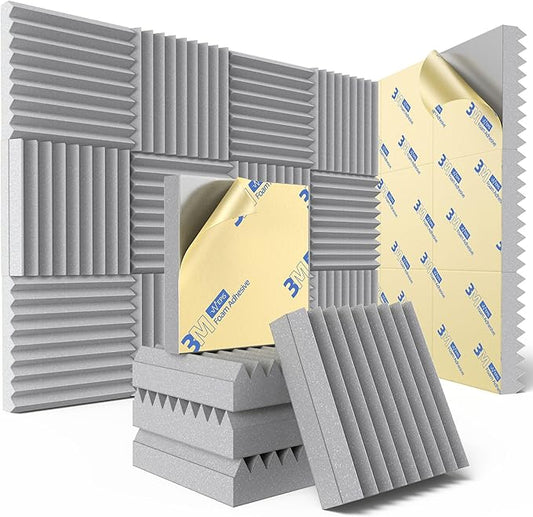 12 Pack Sound Proof Foam Panels for Wall with Self Adhesive, 3" X 12" X 12" High Density Acoustic Panels Sound Absorbing Quick-Recovery, Wedges Soundproof Wall Panels for Gaming & Studio Decor - Gray