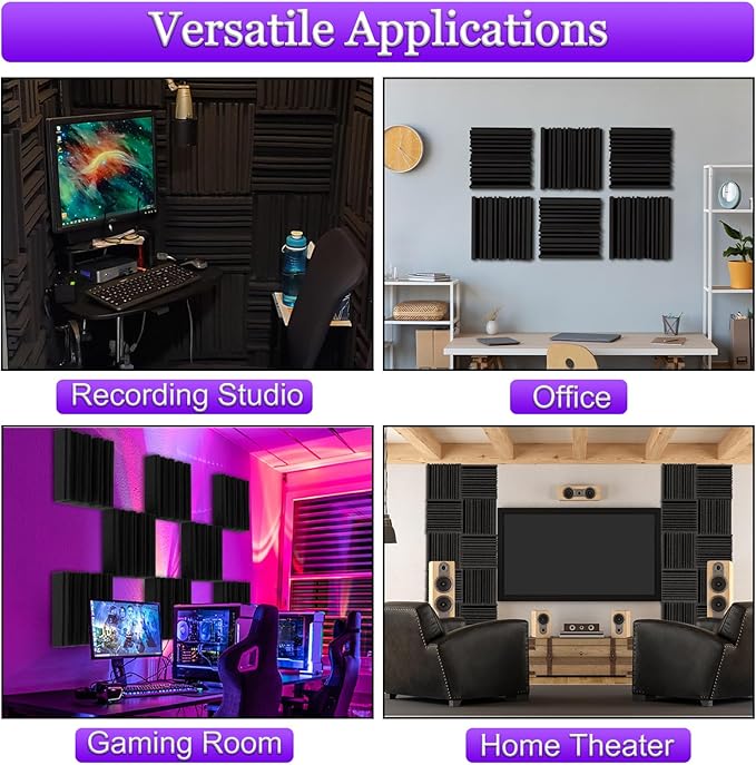 TroyStudio Thick Acoustic Foam Panels, 12 X 12 X 2 Inch 52 Pcs Broadband Sound Absorbing Foam, Dense Soundproof Padding Tile, Recording Studio Foam Absorber, Groove Decorative 3D Wall Ceiling Panel