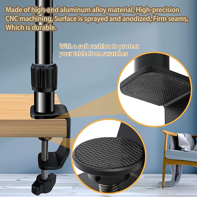 Overhead Camera Mount Desk Stand, Bearing 18lb, Base& Top 360° Adjustable, with 1/4“ 3/8" 5/8" Screw, 3-Section Flexible Articulating Metal Arm for DSLR Camera/Webcam