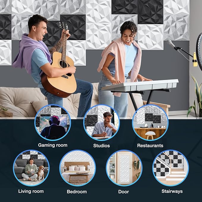 Acoustic 3D Wall Panels,24 Pack Sound Proof Felt Panels for Interior Wall Décor, Hollow Sound Absorbing Panel for Studio, Living Room, Home, Hotel, 12''x12'' Cover 24 sq ft (White, 24 Pack)