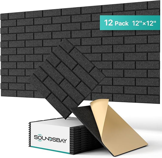 Soundproof Wall Panels Self-Adhesive, Acoustic Panels 12 Pack Brick Wall Panels, High Density Sound Dampening Panels for Walls, Office,Reccording Studio, Ceiling 12" X 12" X 0.4" Black