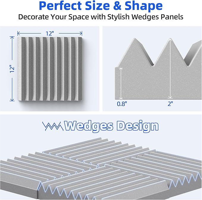 12 Pack Sound Proof Foam Panels for Wall with Self Adhesive, 2" X 12" X 12" High Density Acoustic Panels Sound Absorbing Quick-Recovery, Wedges Soundproof Wall Panels for Gaming & Studio - Gray