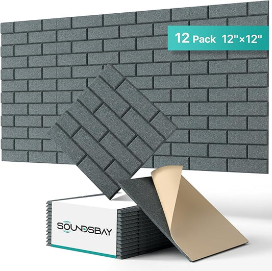 Acoustic Wall Panels Self-Adhesive, 12 Pack Sound Absorbing Panels Brick, High Density Sound Proof Foam Panels for Walls, Office,Reccording Studio, Ceiling 12" X 12" X 0.4" Dark Gray