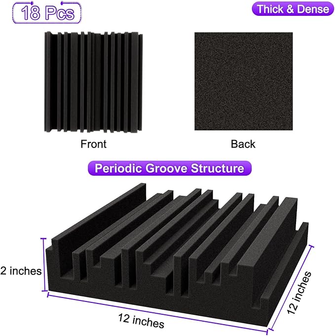 TroyStudio Thick Acoustic Foam Panels, 12 X 12 X 2 Inch 18 Pcs Broadband Sound Absorbing Foam, Dense Soundproof Padding Tile, Recording Studio Foam Absorber, Groove Decorative 3D Wall Ceiling Panel