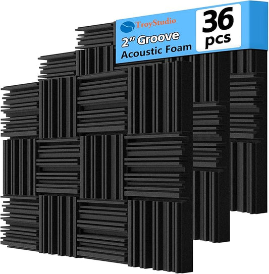 TroyStudio Thick Acoustic Foam Panels, 12 X 12 X 2 Inch 36 Pcs Broadband Sound Absorbing Foam, Dense Soundproof Padding Tile, Recording Studio Foam Absorber, Groove Decorative 3D Wall Ceiling Panel