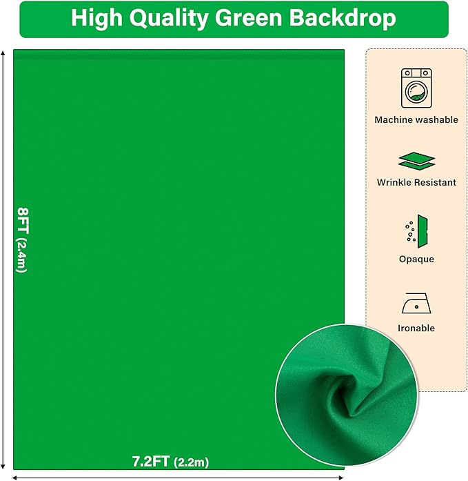 Green Screen Backdrop Kit 8X7.2ft,Portable greenscreen Background with Stand,Adjustable T-Shape Photo Backdrop Stand for Photography, Streaming,Video,Studio,Party,Zoom
